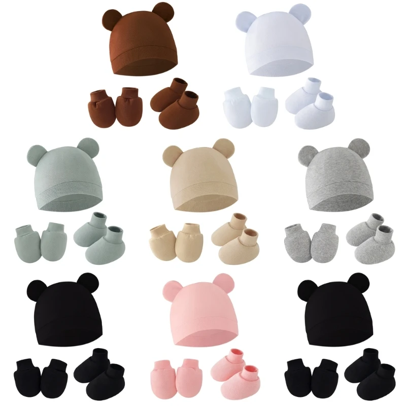

Baby Gloves + Hat + Foot Cover Cotton Newborn Unisex Boys Girls Solid Color Headwear Infant Accessories Set