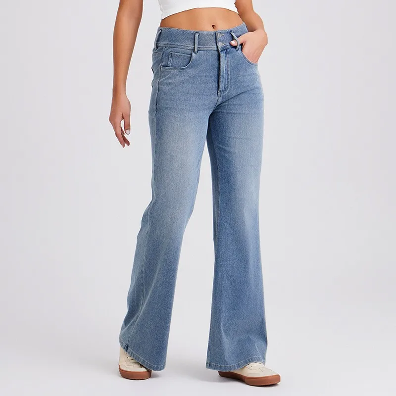Baggy Jeans For Woman High Waist Wide Leg Denim Pants Flared Women's Retro Style Blue Light Wash Stretch Slimming Trousers