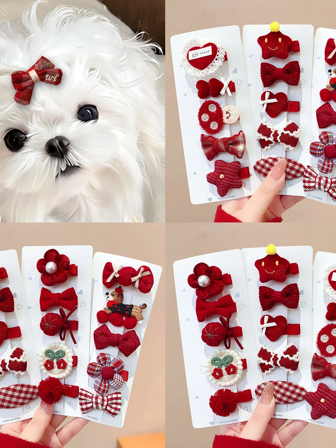 Handmade Red Pet Hair Clips for Small Dogs Yorkie Maltese Puppy Universal  Dog Hair Accessories New Year Headwear - view 2