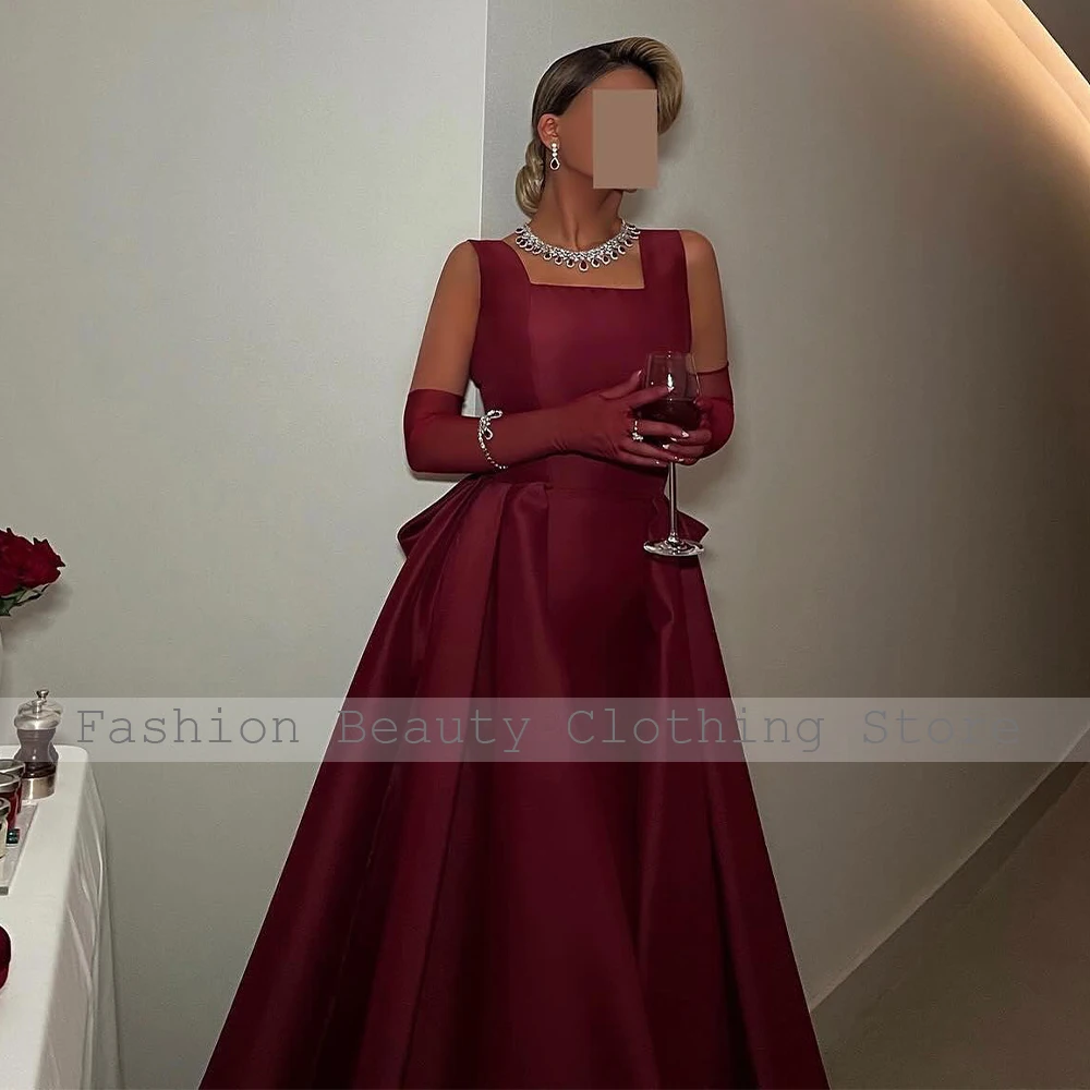 Burgundy Satin Evening Dresses for Women 2024 Square Collar Tank Elegant Evening Gowns Long A Line Big Bow Luxury Prom Dress