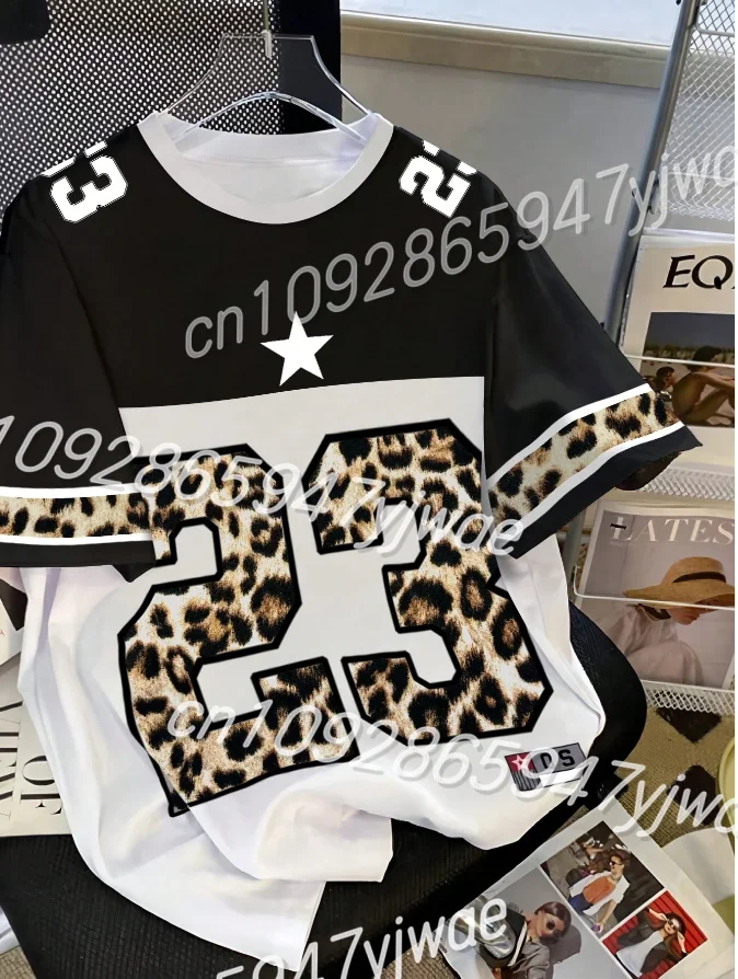 

Women's leopard print Round Neck Short Sleeve T-Shirt Summer Graphic Tee Baseball Jerseys Plus Size Men's Sport T-Shirt