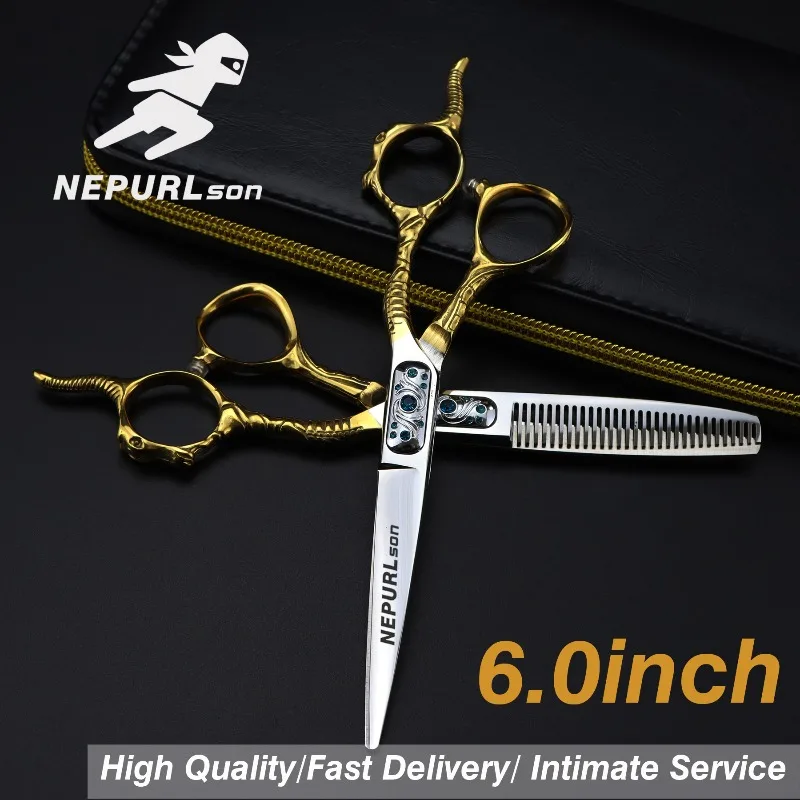 NEPURLson 6.0-inch JP440C half golden goat head handle high-end hair scissors,cutting and thinning shears sharp comfortable