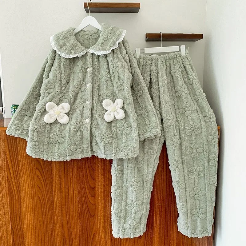 New Sleepwear Autumn Winter Postpartum Flannel Thick Plush Nursing Pajamas Pregnant Women Set Coral Velvet Can Be Worn Outside image 6