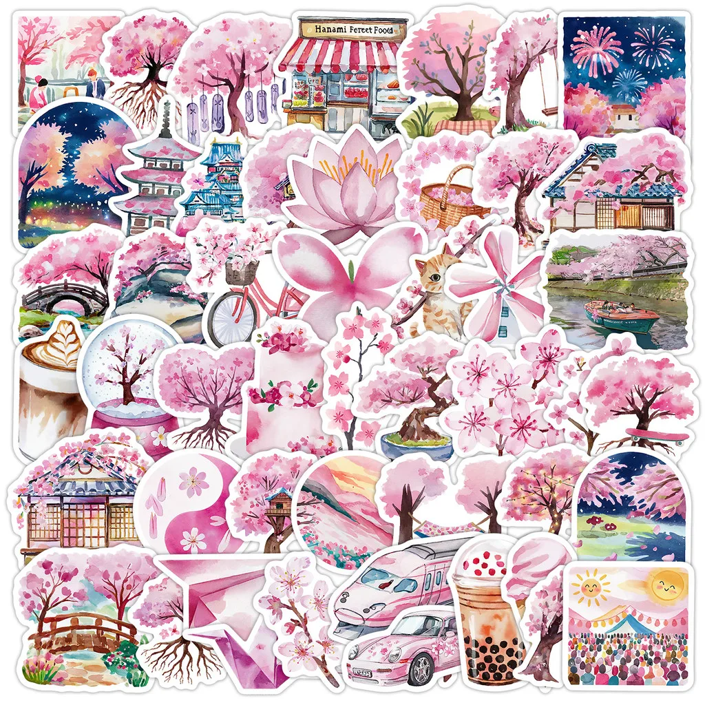 50 Stück rosa Kirschblüten-Serie Graffiti-Aufkleber – süßes Blumendekor, wasserdicht für Wassertasse, Computer, Aufnahme, YourLife Store