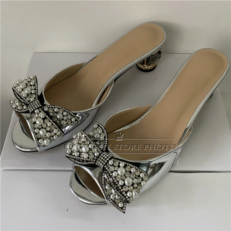 Pearl Beads Crystal Butterfly-Knot Women Sandals Diamond Heel Luxury Patent Leather Slingbacks Summer Shoes For Girls