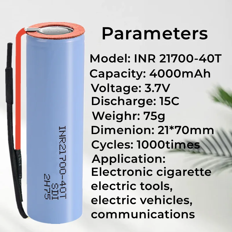 3.7V INR21700 40T 4000mAh Li-lon Battery 21700 15A 5C Rate Discharge Ternary Electric Car Lithium Batteries+DIY Welding Wire