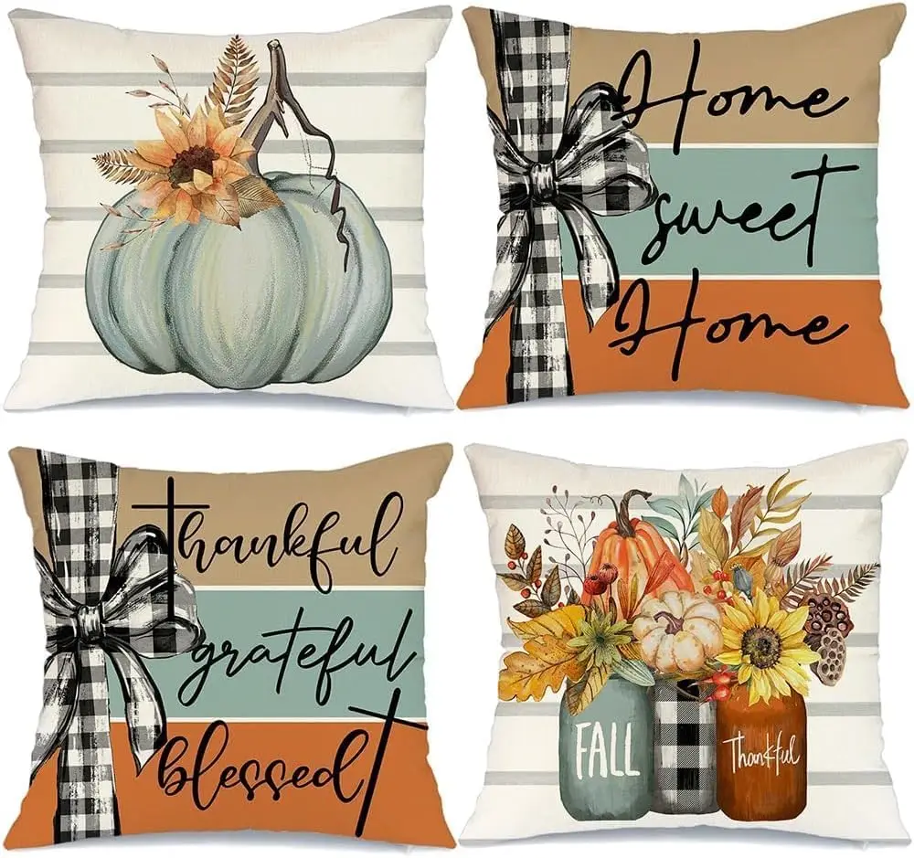 Fall Pillow Covers of 4, Pumpkin Home Sweet Home Thankful Grateful Blessed Harvest Floral Decorations Autumn Seasonal pillowcase