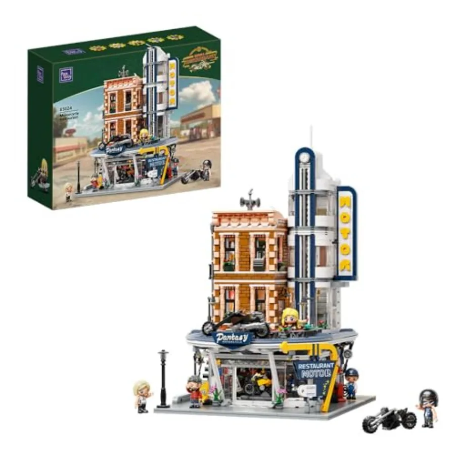 

Конструктор «Ретро-мотоциклетный динер и бар» — модульный набор для сборки уличного здания с интерактивными дверями, открывающимися стенами, 4 мотоциклами