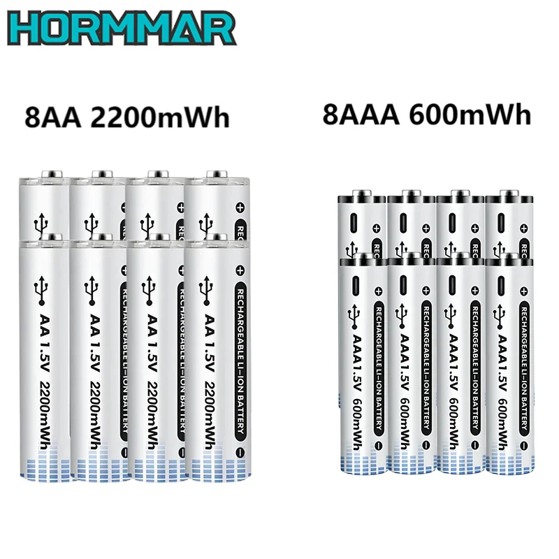 8Pcs Li-ion AA and AAA Rechargeable Batteries USB Lithium-ion 2200mWh 1.5V AA Rechargeable Batteries+8Pc 600mWh 1.5V AAA Battery