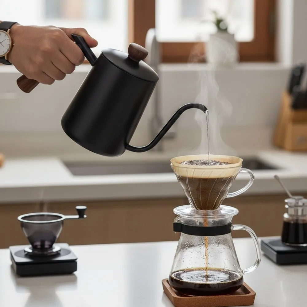 Wooden Handle Goose Neck Coffee Kettle Drip Port 304 Stainless Steel Pour-over Coffee Pot Comfortable Grip Narrow-Mouthed