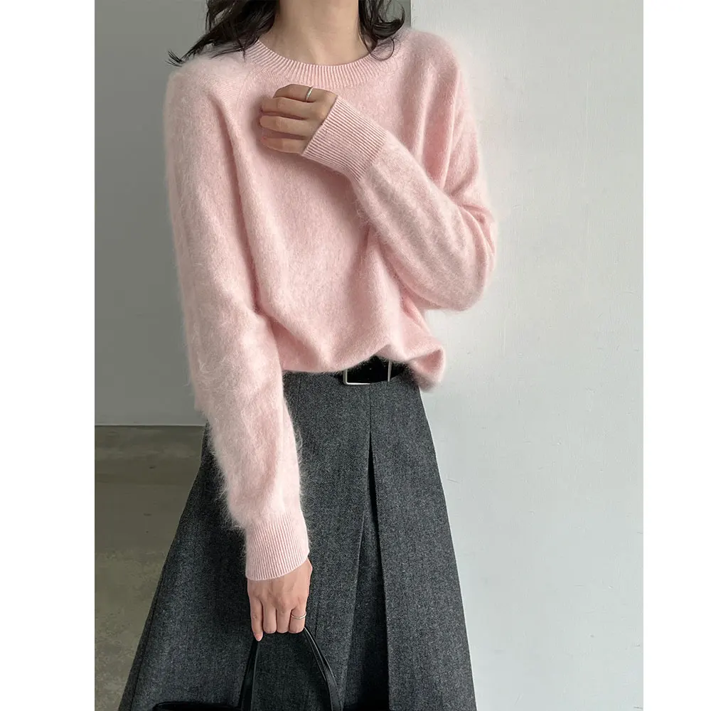 Women Autumn Wool Cashmere Blending Material Long Sleeve Knitted Soft Pink Pullovers Women Tops Sweater Blusas Roupa Feminina