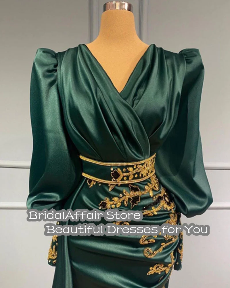 BridalAffair-Vestidos de Noche de satén verde para mujer, vestidos de fiesta de graduación formales con encaje dorado, mangas largas, estilo árabe de Dubái, 2022