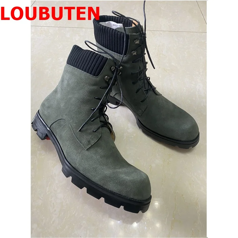 LOUBUTEN Leather Boots High Quality Green Suede Boots Men Combat Boots British Lace-up Tooling Boots All-Match Middle-Top