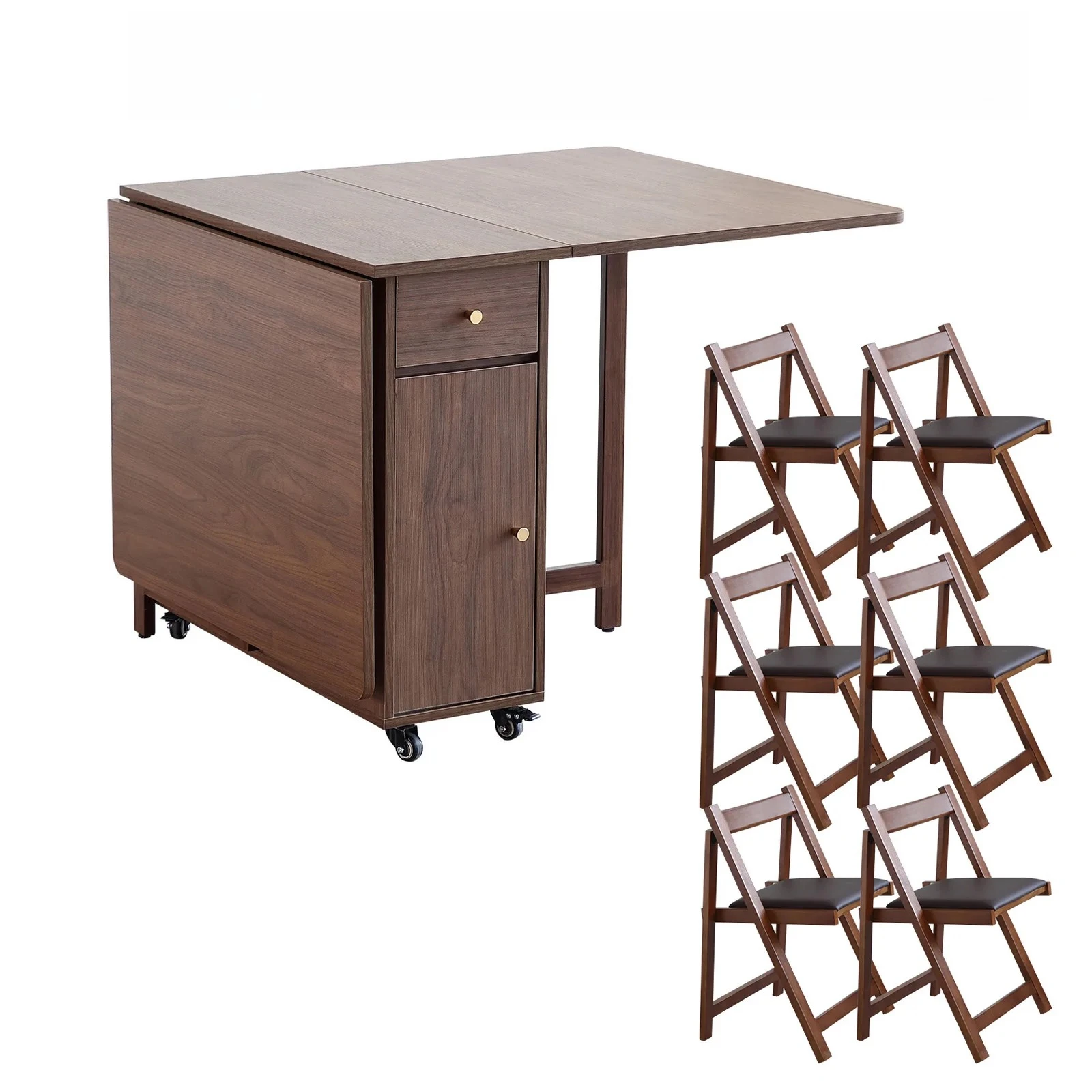 Extendable Drop Leaf Folding Dining Table with 2 Drawers and 4 Wheels for Living Room,Kitchen, Farmhouse, Space Saving Table