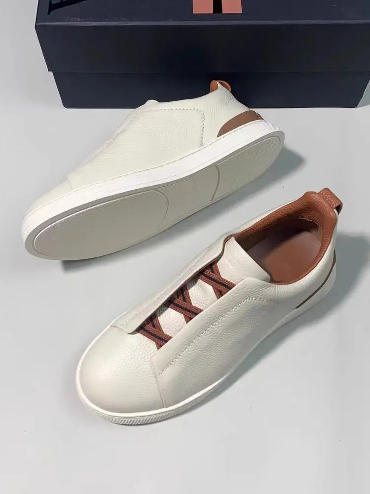 

Summer Men's Slip-On Casual oes Briti Sle round Toe Sports Leisure White Sneakers Flat Heel Rubber Outsole Napa Texture