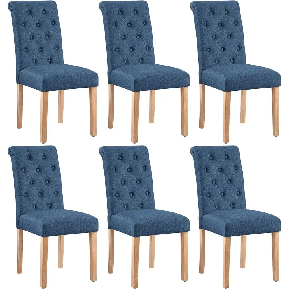 

6-Piece Fabric Upholstered Dining Chairs Set with Button-Tufted High Backs and Solid Wood Legs, Blue, Modern Style for Kitchen/L