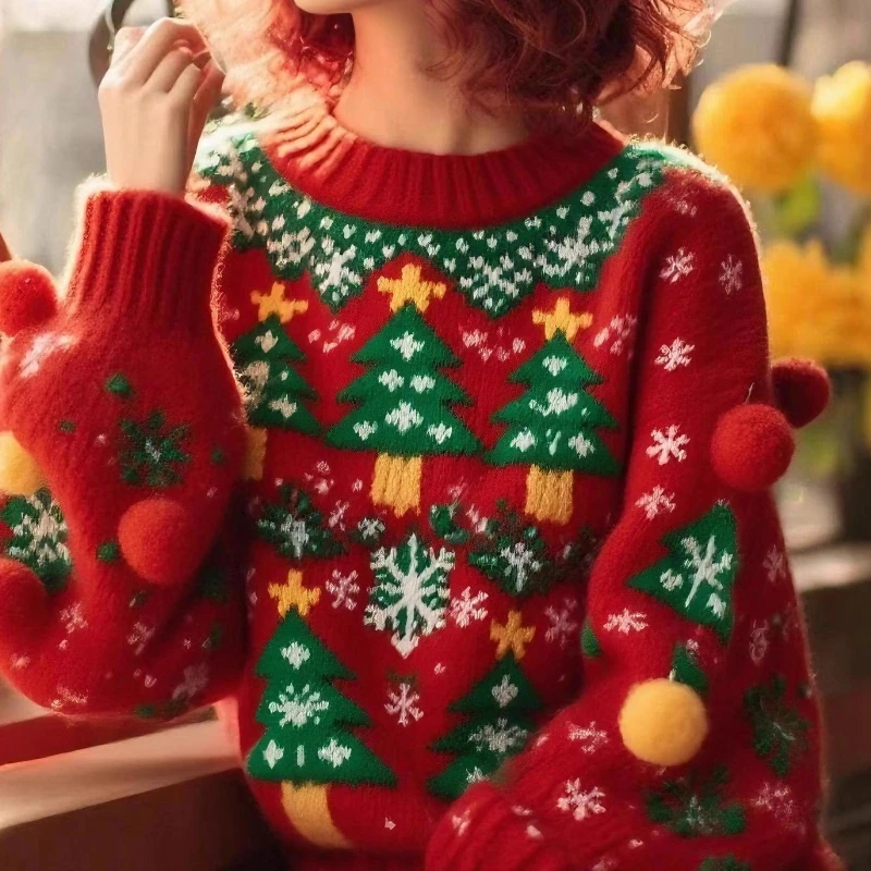 

Christmas Sweater Atmosphere Hairball Contrasting Colors Autumn and Winter Crew Neck New