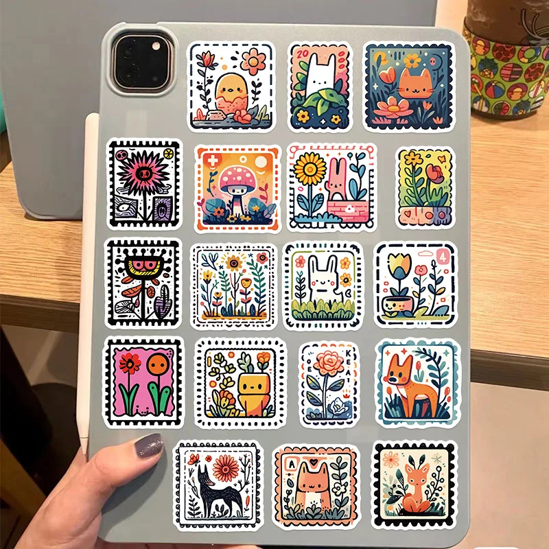 50Pcs Cute Animals Retro Stamp Stickers Cartoon Graffiti Style Stickers Decorative Waterproof Suitcase Notebook Thermos Cup