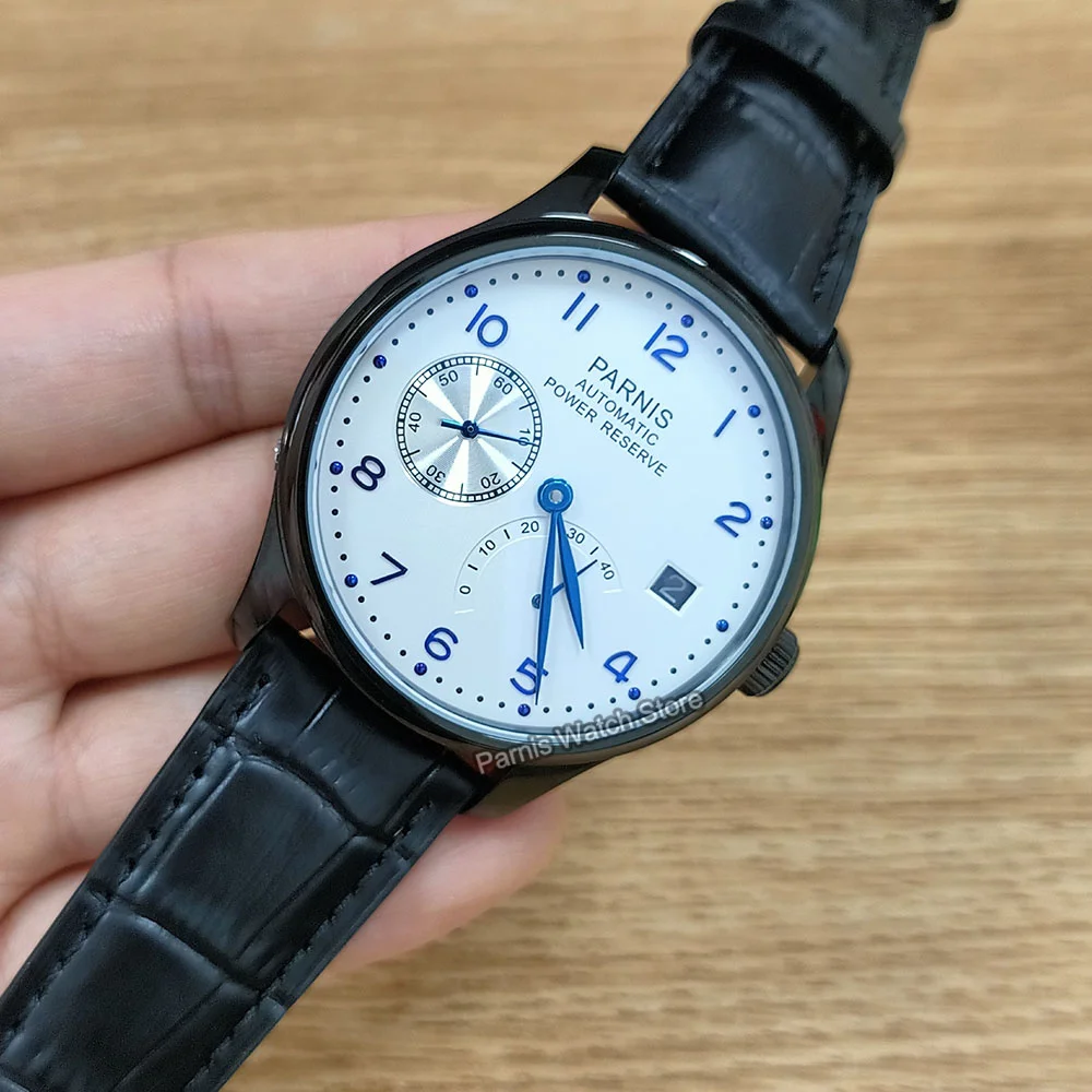 43mm Parnis Power Reserve Automatic Movement Silver Case Men Boy Mechanical Watch Small Second White Dial Blue Marks