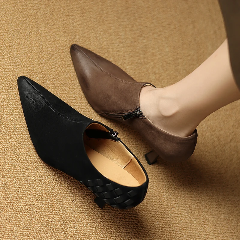 

2026 new spring summer women pumps natural leather plus size 22-25.5cm sheepskin+pigskin pointed toe weave high heel women shoes