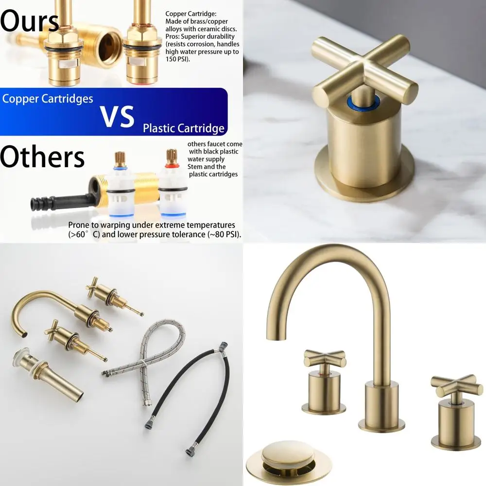 

3-Hole Deck-Mounted Solid Brass Brushed Gold Bathroom Sink Faucet with Cross Handles and Waste Drain, 4-16 Inch