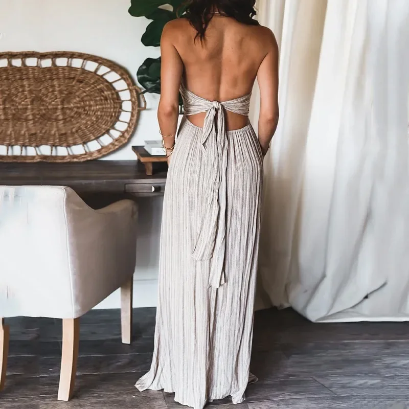 Halter sem mangas smocked decote em v balanço flowy vestido de praia para mulher a linha casual férias praia vestido de verão feminino maxi vestido de verão