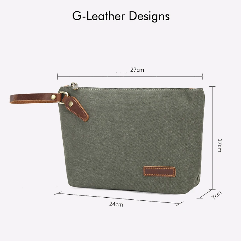 Sac d'évaluation en toile décontractée avec dragonne en cuir véritable pour hommes et femmes, pochette, trousse de toilette, trousse à cosmétiques de voyage