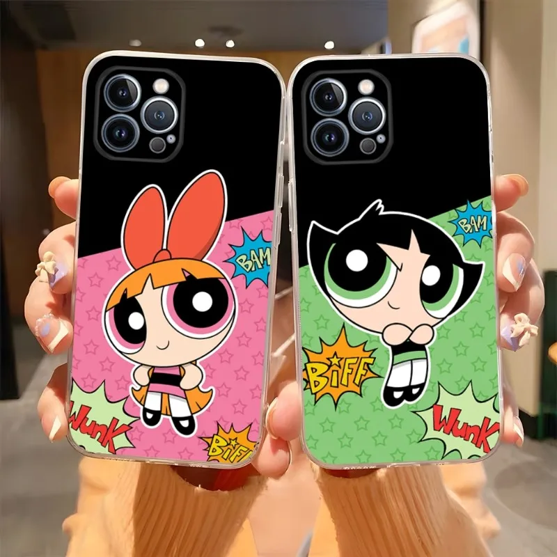 The P-PowerpuffS Girls Phone Case Hot Transparent For Iphone 14Pro 11 15 12 13 Pro Max Mini 6 6s 7 8 Plus X XR XS SE2020 Cover