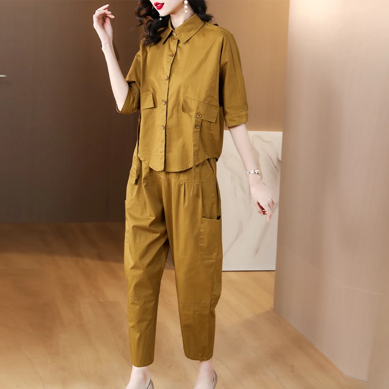 Fashion Casual Women Suits Summer Short Sleeve Shirt + Wide-leg Pocket Cargo pants Two-piece Sets High Waist Pants Elegant Set