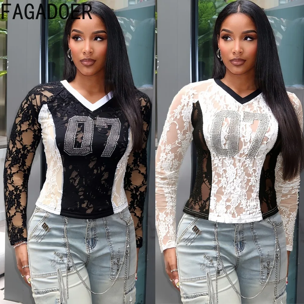 

FAGADOER Sexy Lace See Through Bodycon Tshirts Women Rhinestone Patchwork Deep V-neck Tshirt Female Streetwear Clothing 2025 New