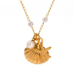 Jewelryposter Jewelry Ocean Series 18K Gold Plated Stainless Steel Pearl Starfish Seashell Pendant Necklace for Girls