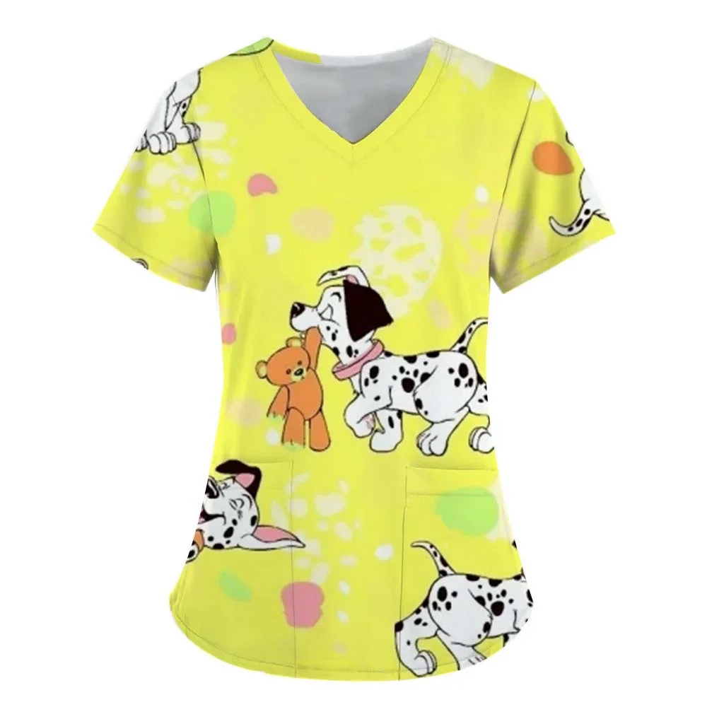 2025 Summer Women's Top Cute Cartoon Animal Dog 3D Print V-Neck T-shirt Casual Daily Nurse Uniform Style Fashion Short Sleeve