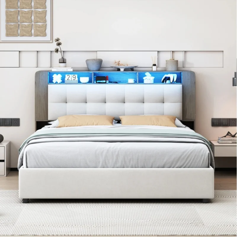 Rosahqnda Erwachsenenbett mit Stauraum, 140x200/160x200 cm, Doppelbett mit Stauraum am Kopfteil, LED-Beleuchtung, USB-Ladeanschlüssen, Lattenrost, Samt, cremefarben, ohne Matratze
