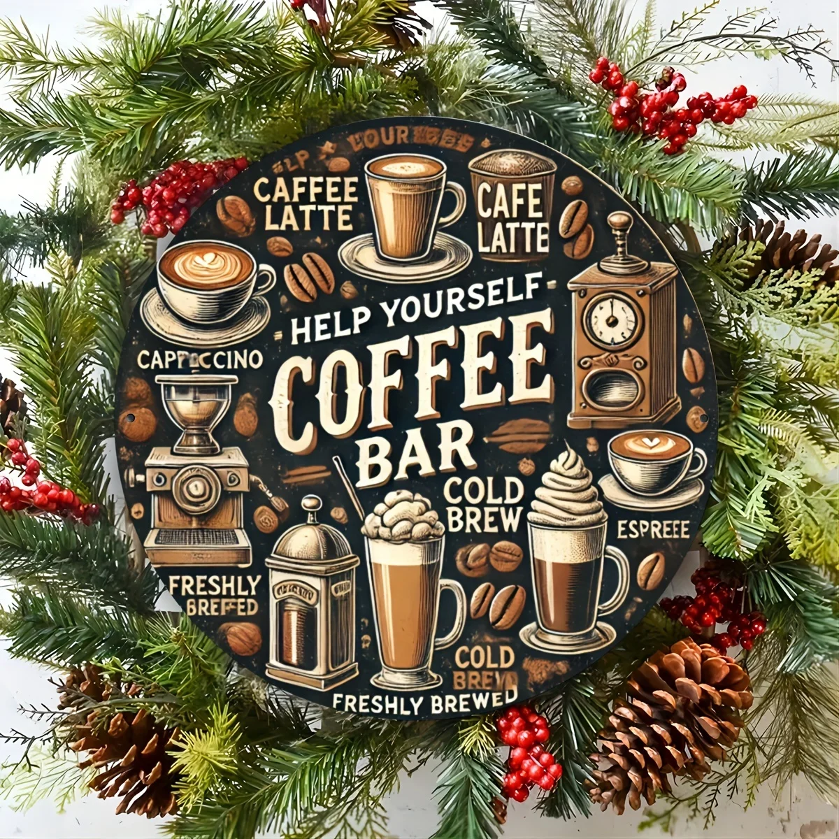 2D Flat – [2D Flat] 1 Stück Vintage-Metallschild für Kaffeebar, 20,3 x 20,3 cm runde Eisen-Wandkunst, rustikale dekorative Plakette für Zuhause, Garten,