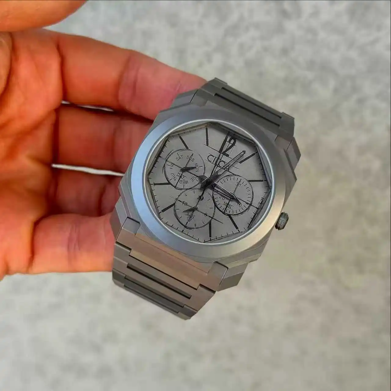 CILOA Men's Octagonal Chronograph Watch, Grey Dial Stainless Steel Band, Business Casual Versatile Quartz Wristwatch