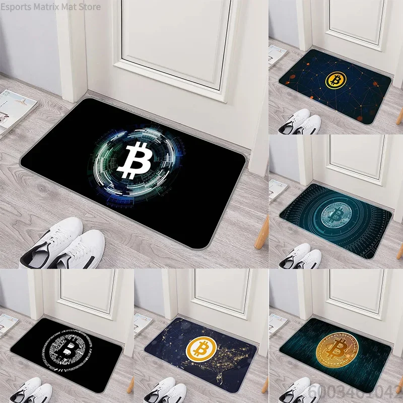 Crypto Currency Door Mat Bitcoin Pattern Tech Inspired Rug, Waterproof Non Slip Floor Protector for Home Entryway and Office