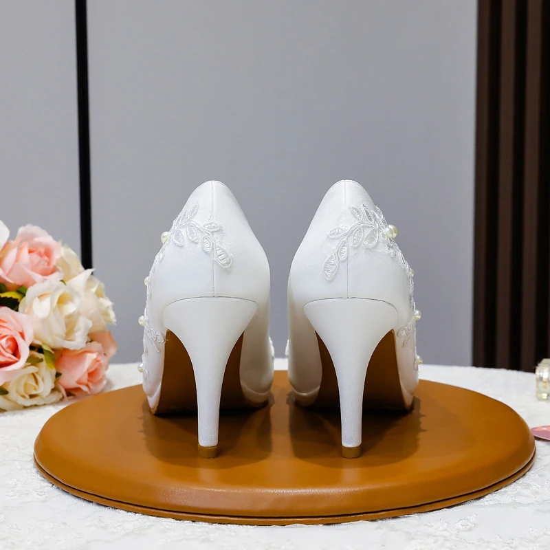 Spring 2024 White Lace Women\'s Shoes High Heels Round Toes Platform Pumps Low Top Shoes Wedding Shoes Applique White Bride Shoes