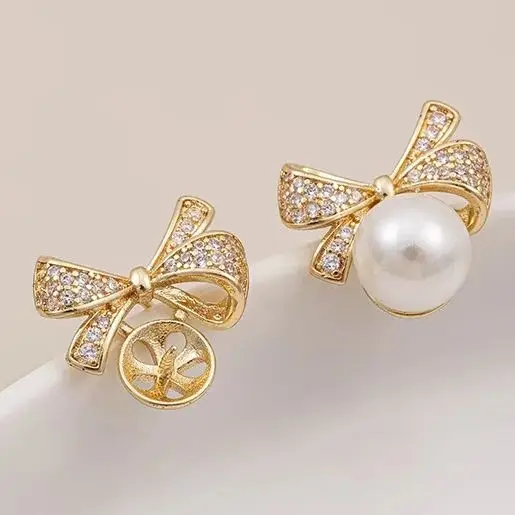 

1Pair 14K Gold-Plated Zircon Bow Half-Hole Pearl Stud Earrings with 925 Silver Needle DIY Earring And Accessory Materials