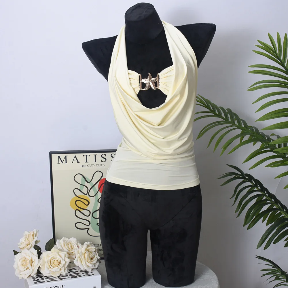 Metal Buckle Wrap Chest Drape Tank Top Women Backless Bare Midriff Halter Crop Tops Camisole Female Tube Top Cropped Vest