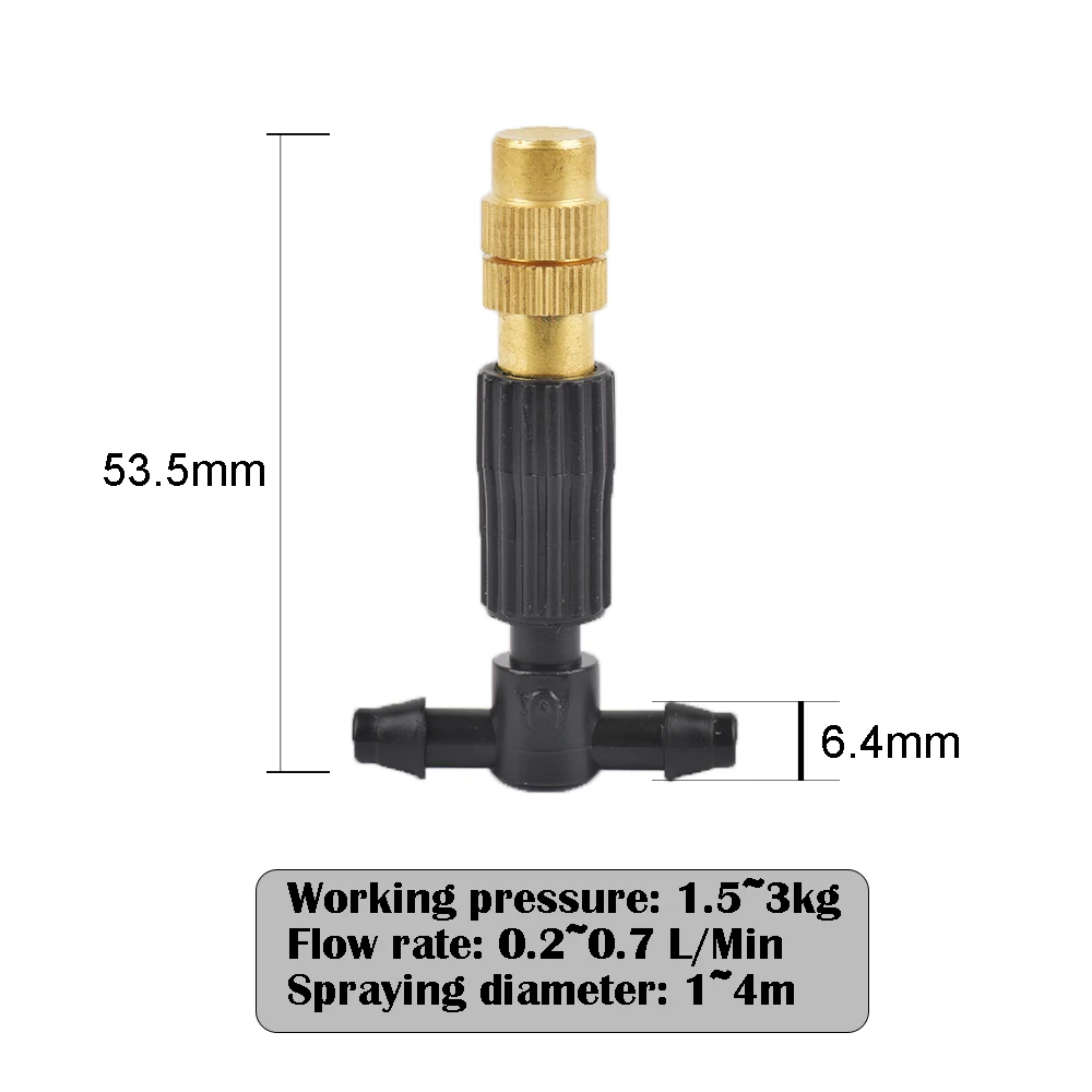 Boquilla de nebulización de cobre ajustable de 5-100 piezas con conector en T de plástico de 4/7mm, boquilla de enfriamiento de riego de latón