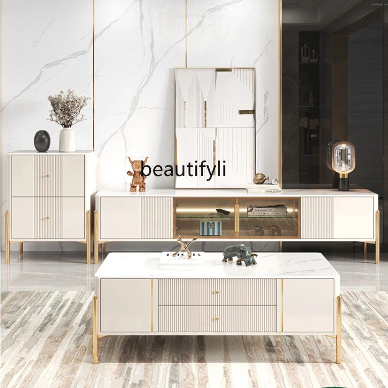 yj Light Luxury Stone Plate TV Cabinet and Tea Table Combination Modern Simple Small Apartment High-End TV Bench for Bedroom