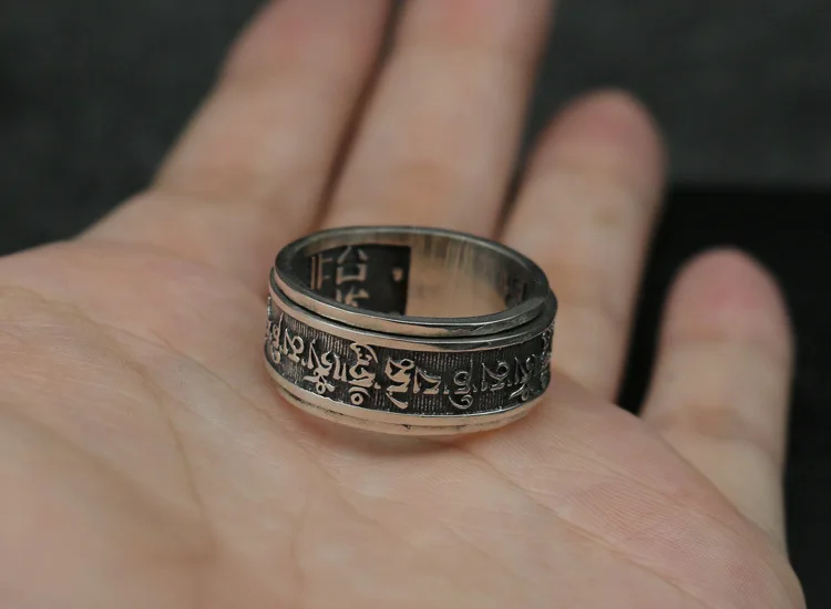 Heart Sutra Sanskrit Tibetan style vintage vintage jewelry Men's Sterling Silver Ring, Index Finger Transport, Unholy Thai Silve