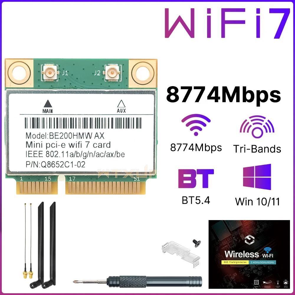 WiFi 7 Network Card For Laptop Bluetooth 5.4 Tri Band 2.4G/5G/6GHz M.2 Wireless Network Adapter For PC Windows10/11 BE200HMW