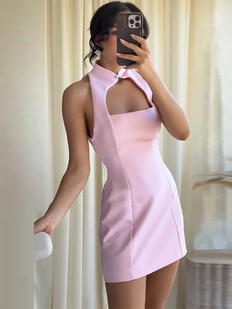 Plissiertes, ausgeschnittenes, tailliertes Minikleid für Damen – sexy, ärmellos, mit Einzelknopf und Reißverschluss, schmal geschnitten, charmantes Partykleid, neu – Detail 10