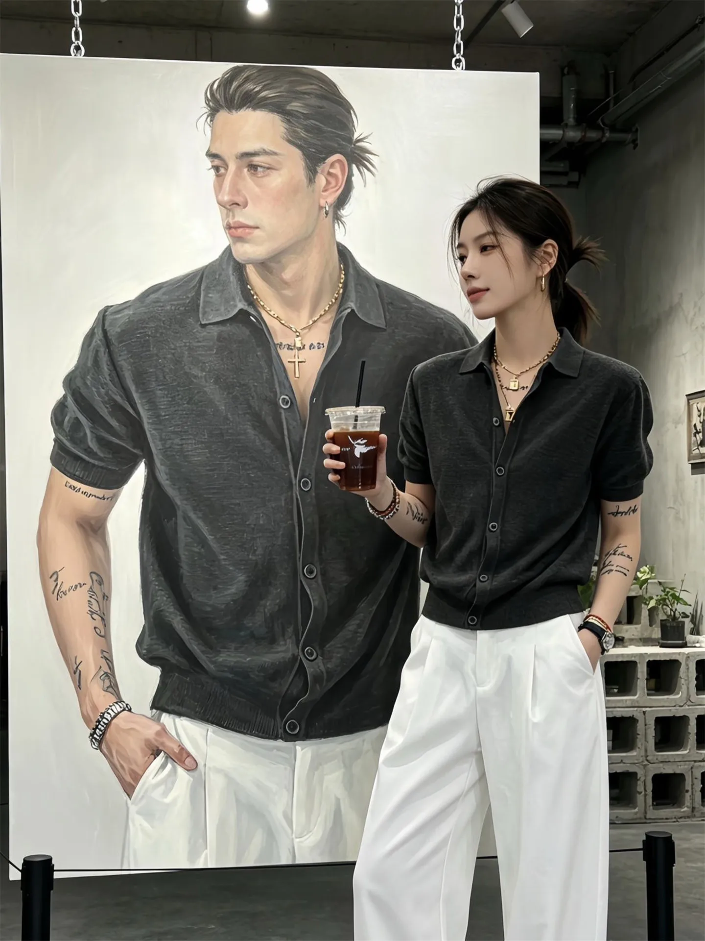Deep Grey Slim Fit Knitwear Short Sleeve Men Summer Cuffed Sleeve  Shirt Wide Shoulder Waist Inward Cardigan T Shirt
