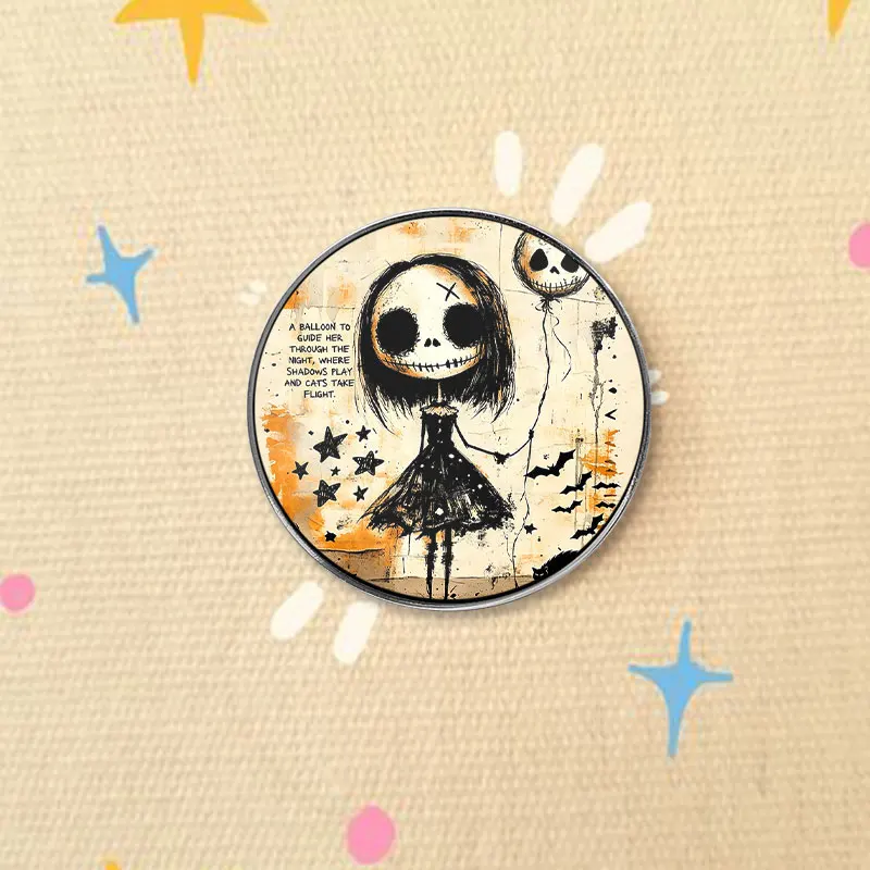 Cool Gothic Girl UV Printing Badge Skull Balloon And Black Cat Pin Dark Fantasy Jewelry Metal Brooch For Halloween Gift