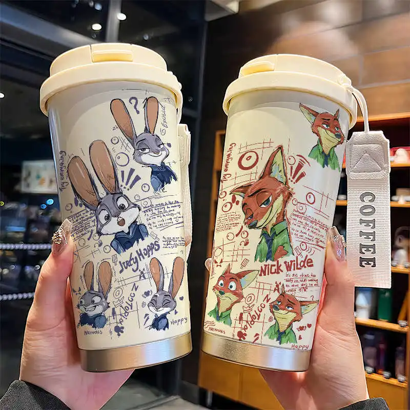 2025 Hot Zootopia Fox Nick Judy Rabbit 520ml Fangle Heat Preservation 304 Stainless Steel Straw Cup Portable Couple Style Cup