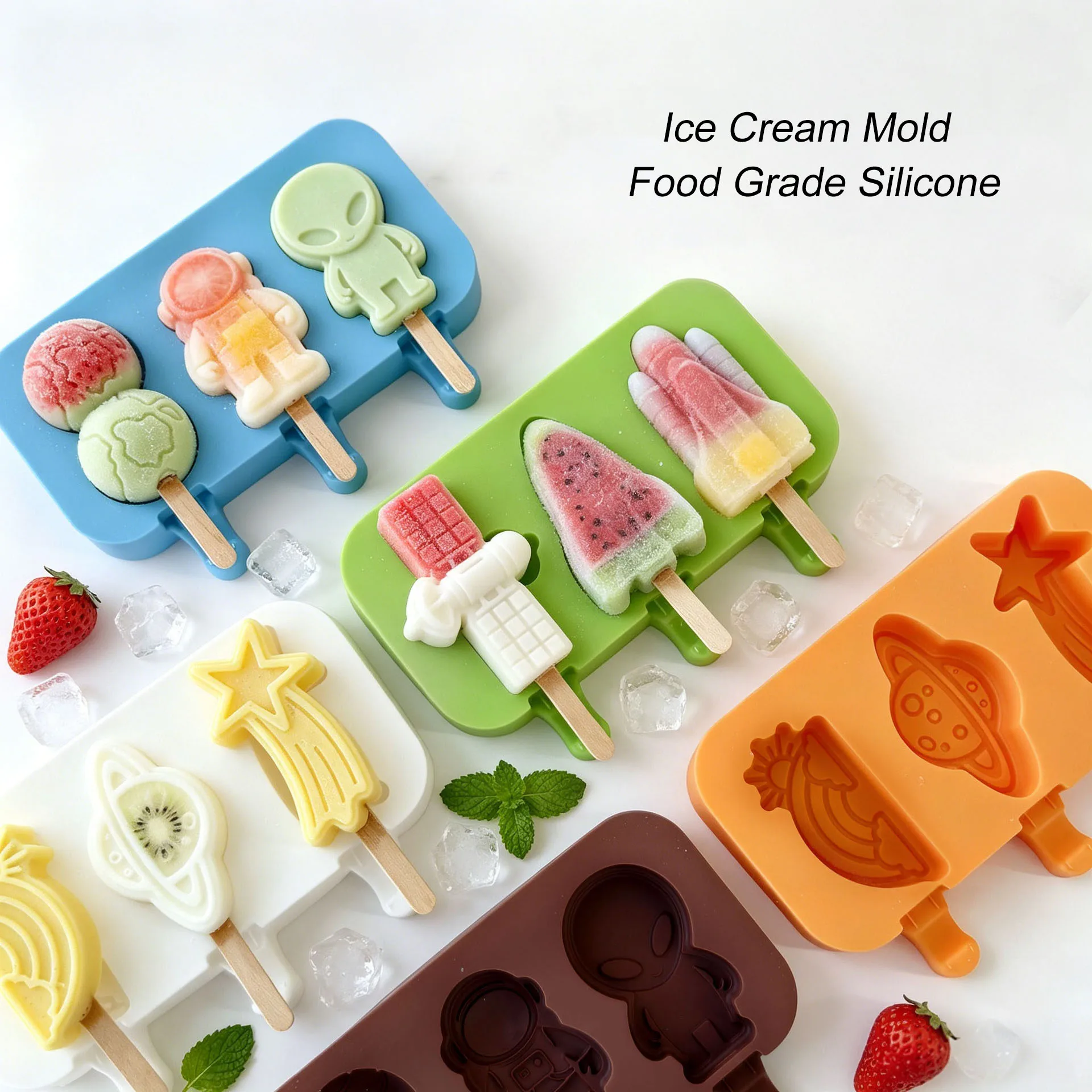 DIY 3-Cavity Universe Series Ice Cream Mold Food Grade Silicone Popsicle Cartoon Rocket Ice Lattice Homemade Ice Pop Molds