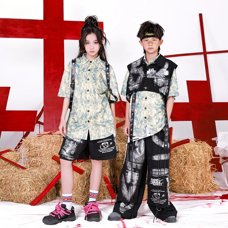 

Fashion Boys Kpop Jazz Dance Costume Tie-dye Shirt Top Hip Hop Pants Shorts Outfits Girls Performance Clothes Concert Stage Wear