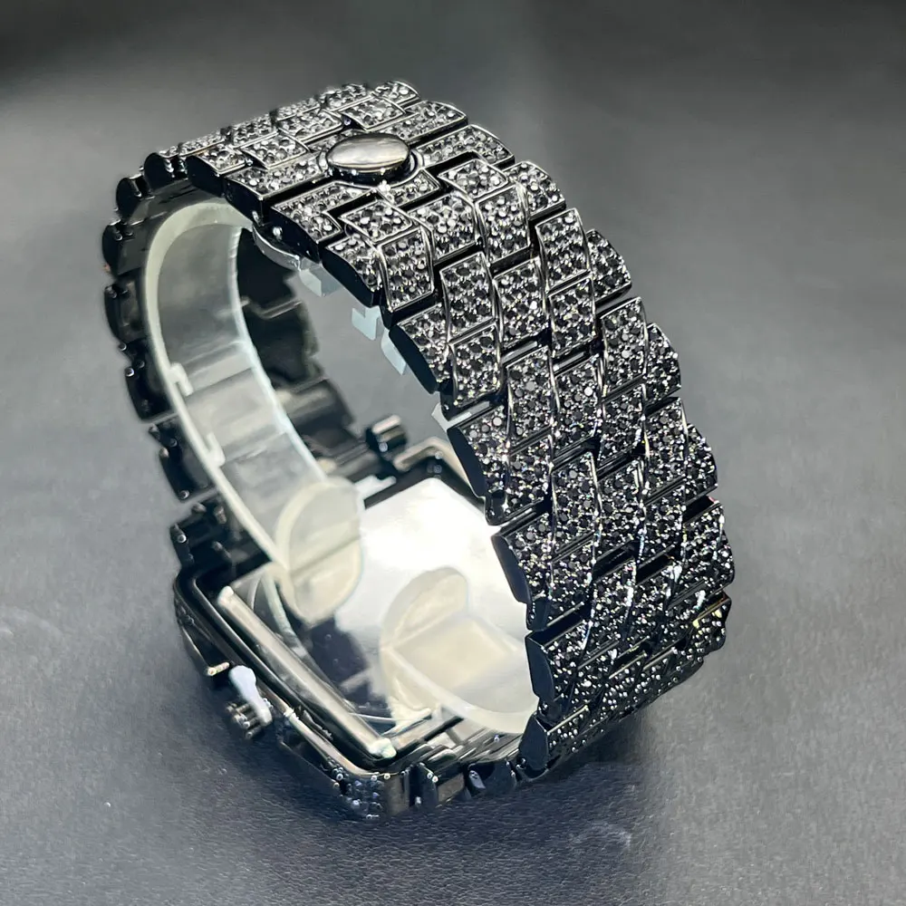 MISSFOX Men's Watches Luxury Diamond Black Iced Out Quartz Watch Top Brand Waterproof Big Dial Square Reloj Hombre Hot Sale